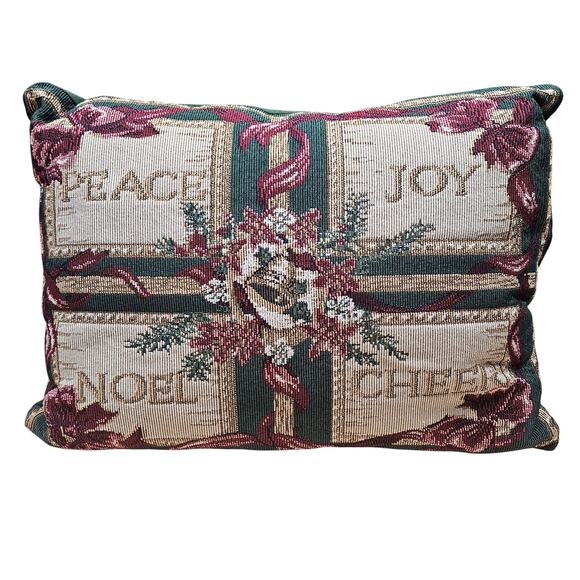 VTG Christmas Needlepoint Decorative Throw Pillow Peace Joy Noel Cheer 16.5"x11" - Picture 1 of 7
